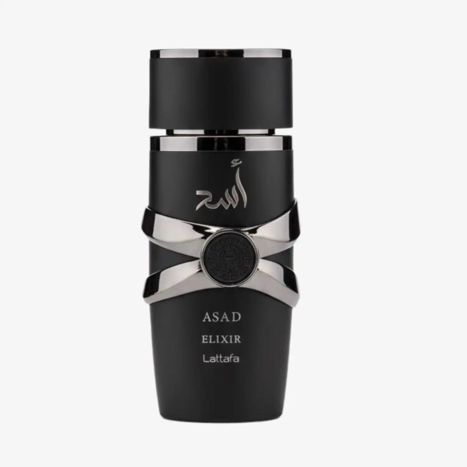 Asad Elixir Lattafa perfume bottle, matte black with silver accents on white background