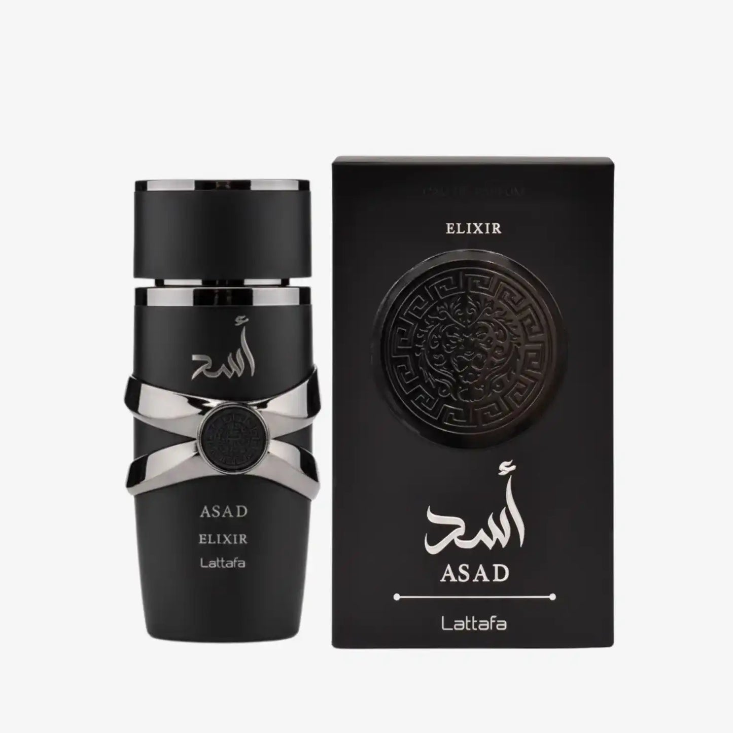 Black Asad Elixir Lattafa perfume bottle with silver accents and matching box