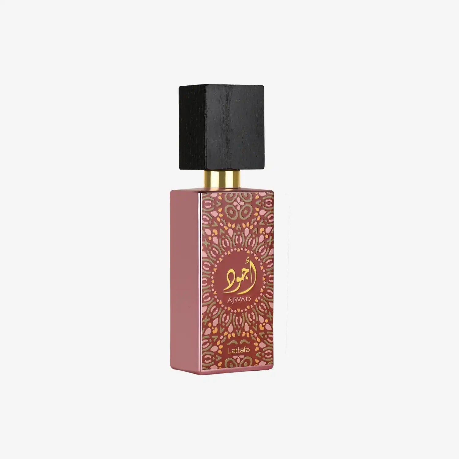 Ajwad pink patterned Middle Eastern perfume bottle with black cap on white background