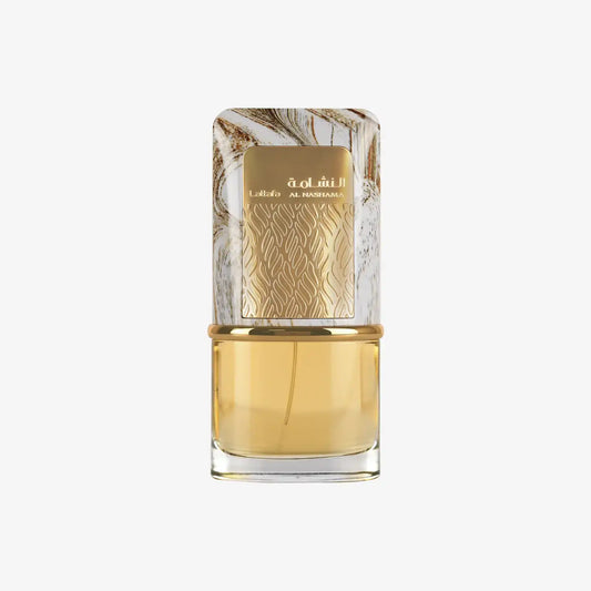 Luxury Middle Eastern perfume bottle with gold accents and marbled cap, upright on white background.