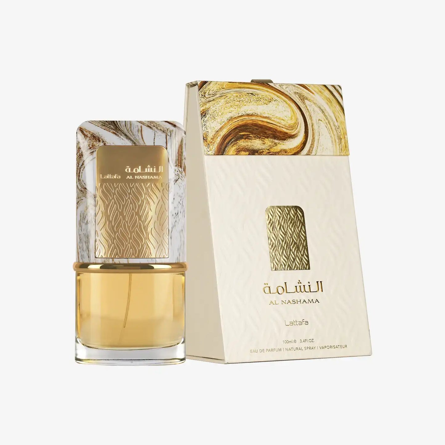 Al Nashama Lattafa perfume bottle and gold-accented box, Middle Eastern fragrance product