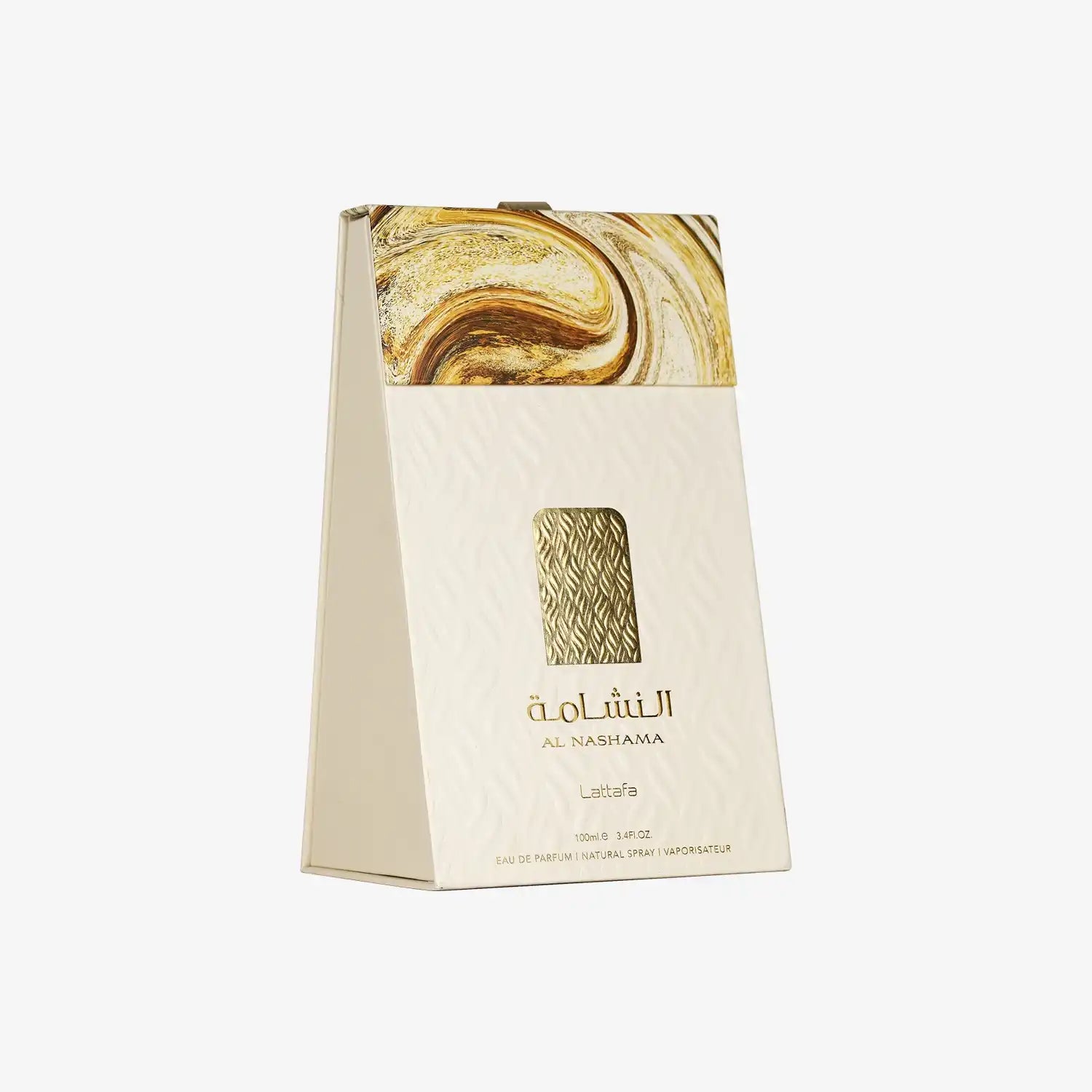 Al Nashama Lattafa eau de parfum boxed packaging with gold accents on white background