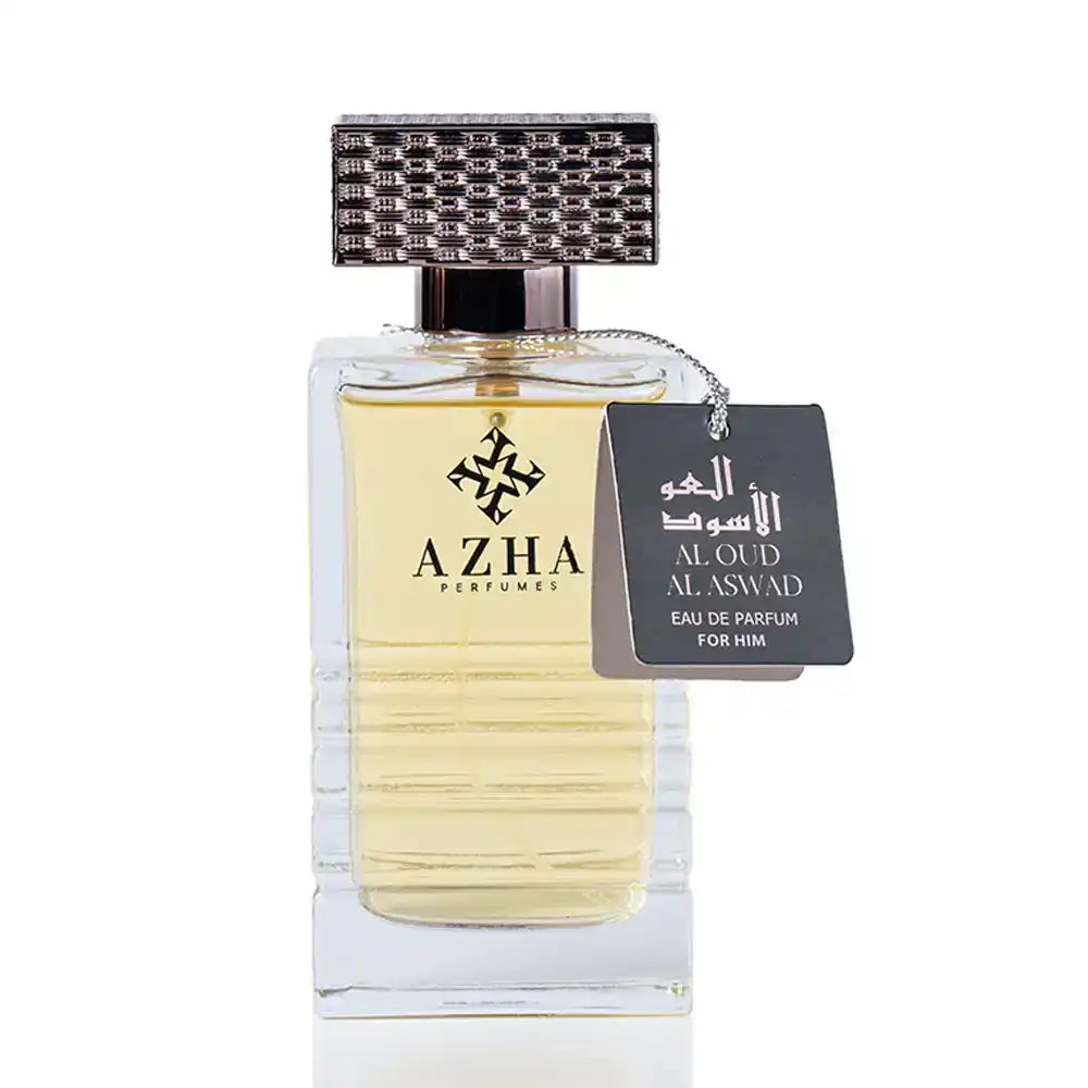 Azha Perfumes Al Oud Al Aswad eau de parfum for him in clear bottle with textured silver cap and black tag