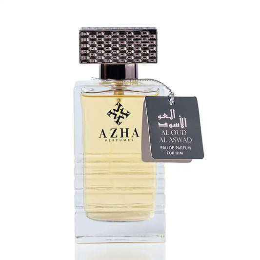 Azha Perfumes Al Oud Al Aswad eau de parfum for him in clear bottle with textured silver cap and black tag
