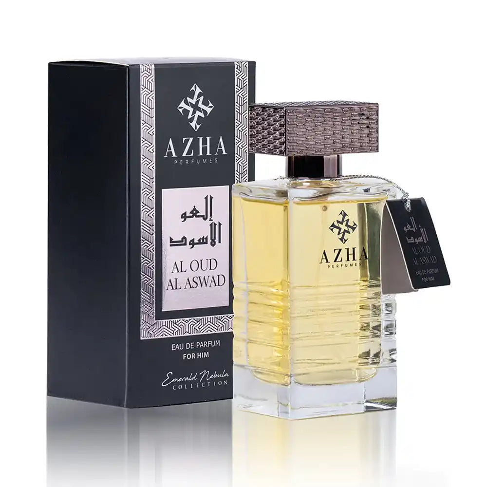 Azha Perfumes USA Al Oud Al Aswad Eau de Parfum for him with box and bottle.