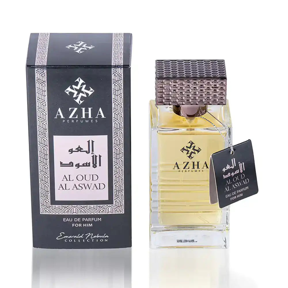 Azha Perfumes Al Oud Al Aswad Eau de Parfum for Him with black box and clear glass bottle