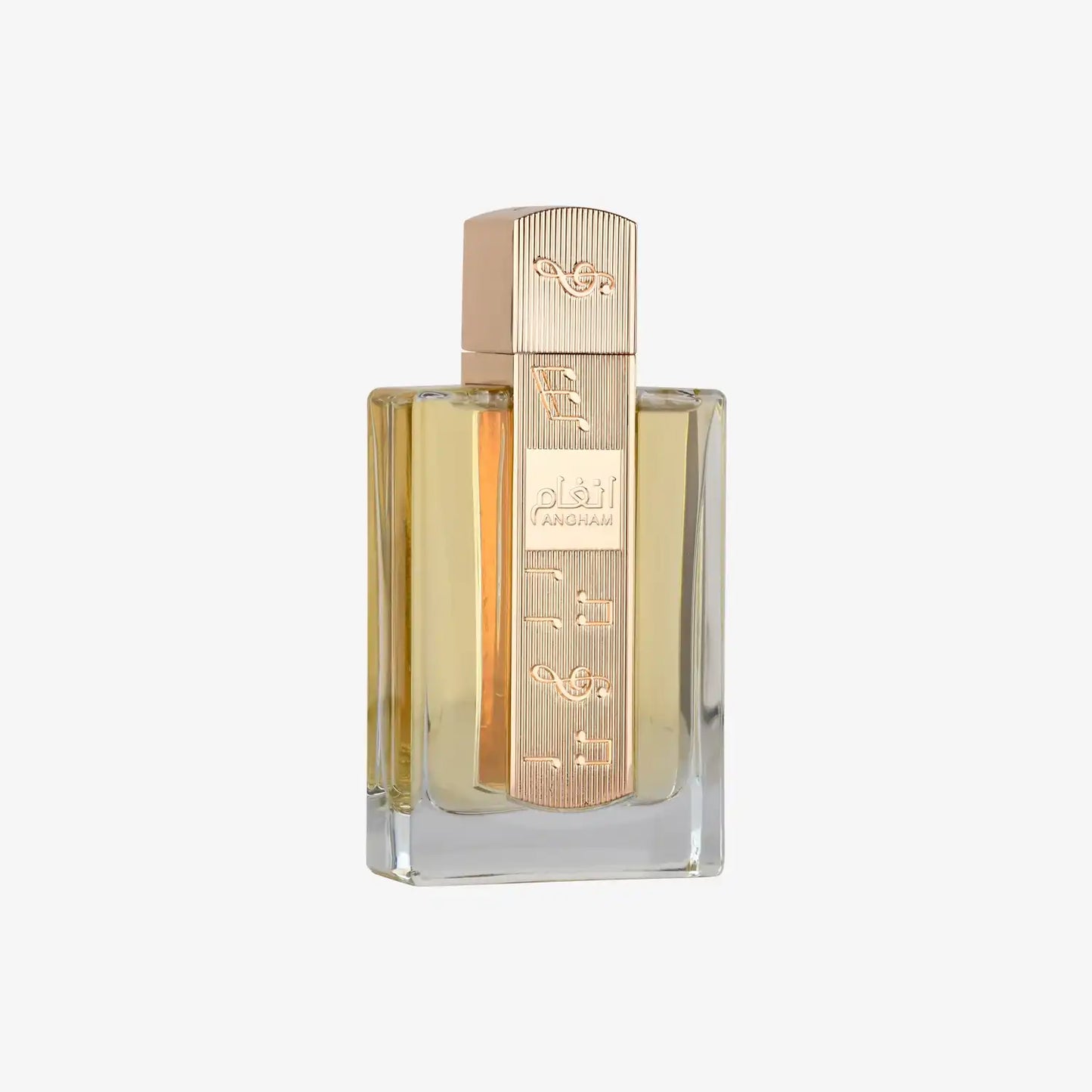 Elegant glass perfume bottle with gold Arabic script and Angham label for Middle Eastern fragrance.