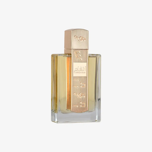 Elegant glass perfume bottle with gold Arabic script and Angham label for Middle Eastern fragrance.