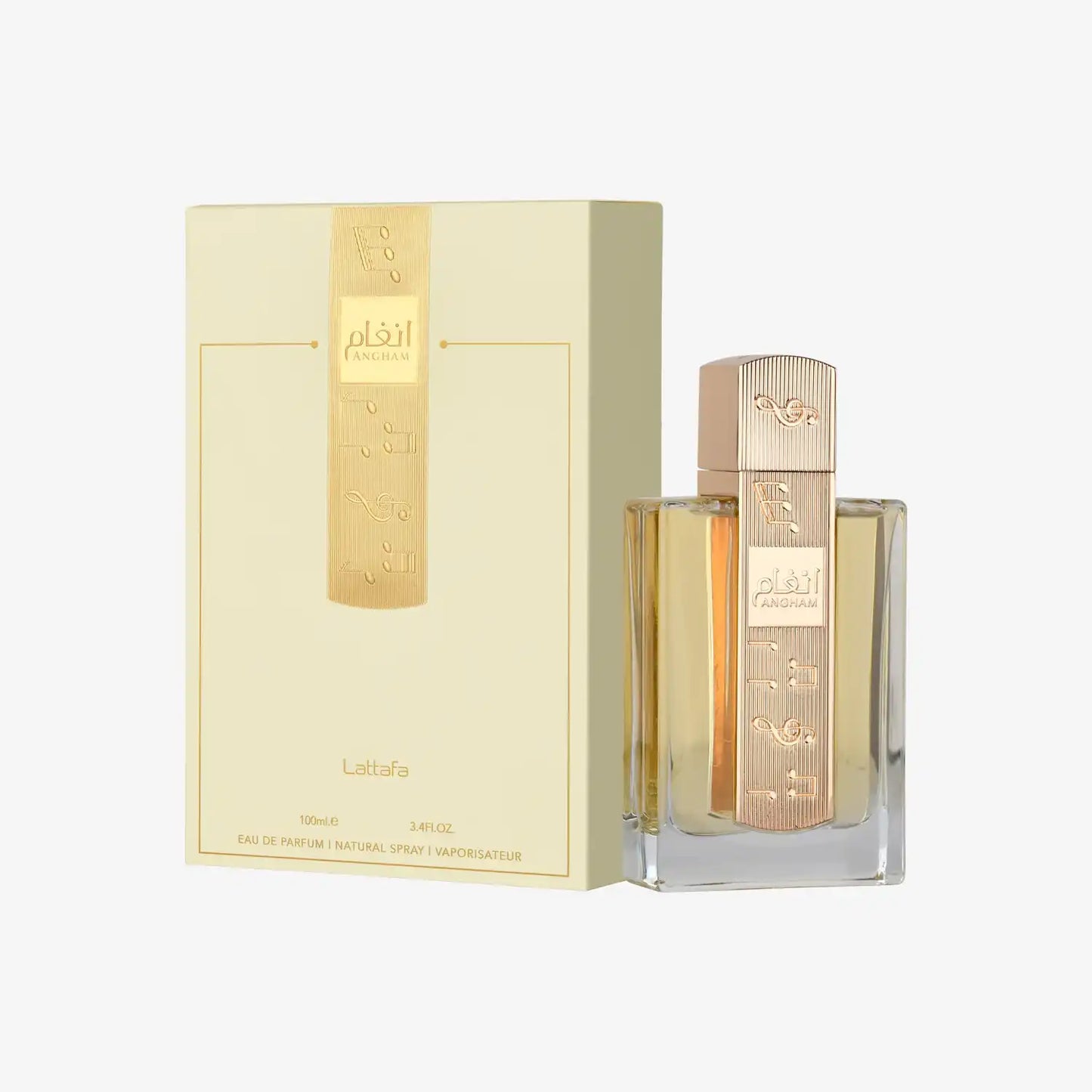 Lattafa Angham eau de parfum bottle and box with Arabic script, Middle Eastern fragrance
