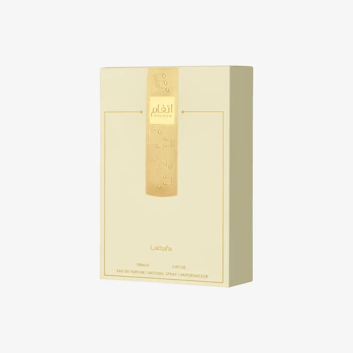 Lattafa Angham perfume box, cream color with gold details and Arabic script