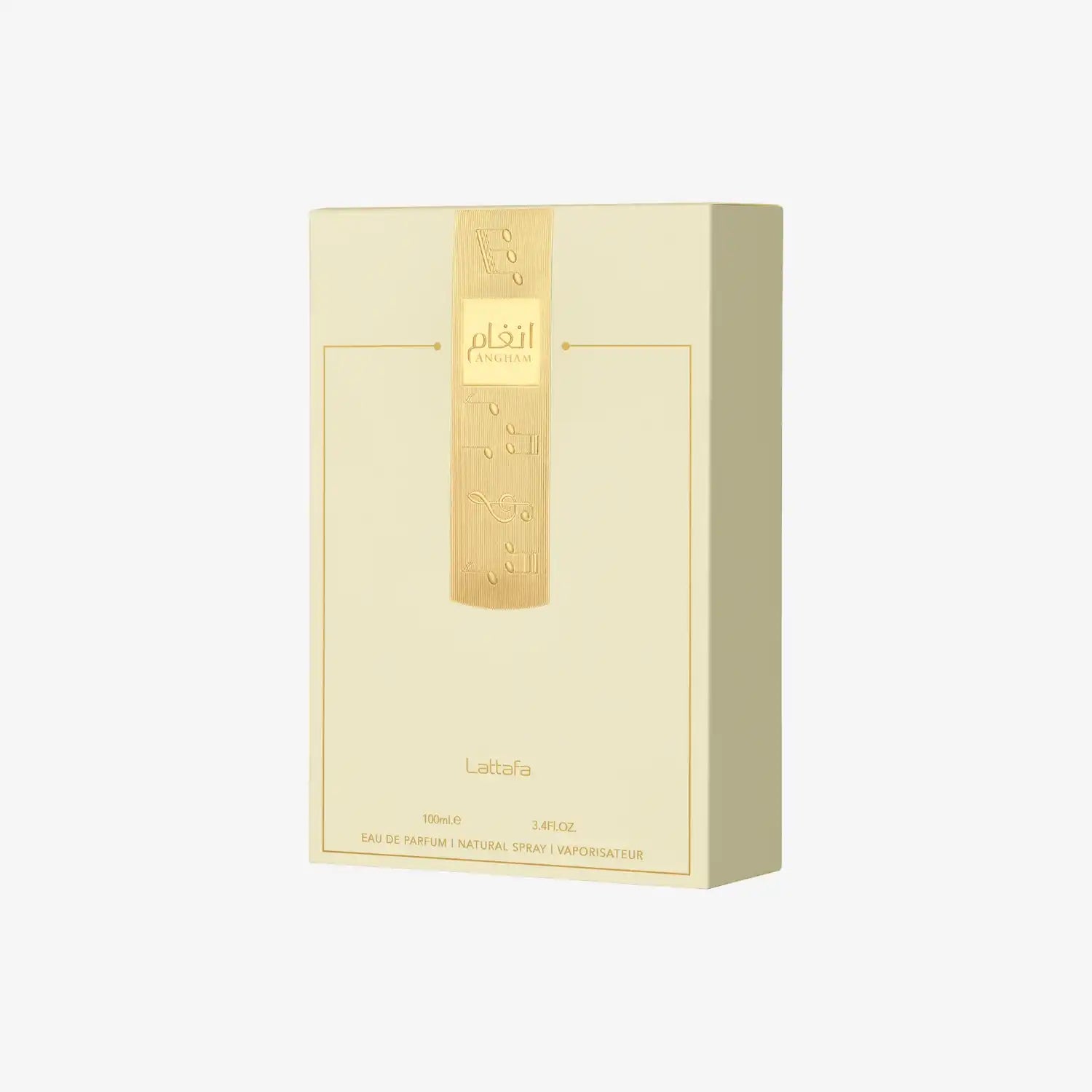 Lattafa Angham perfume box, cream color with gold details and Arabic script