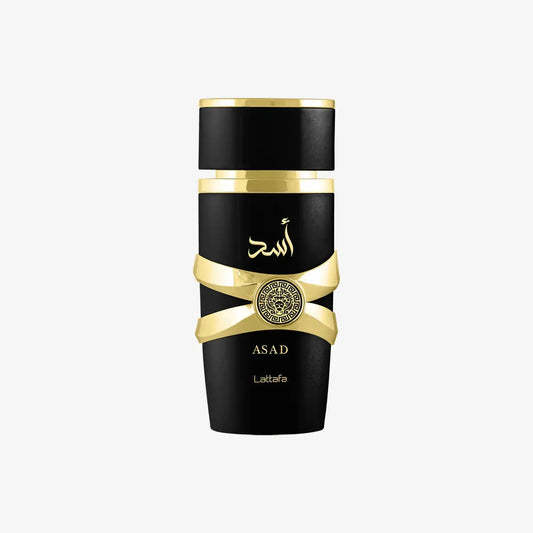 Lattafa Asad perfume bottle, black with gold accents and Arabic script, on white background.