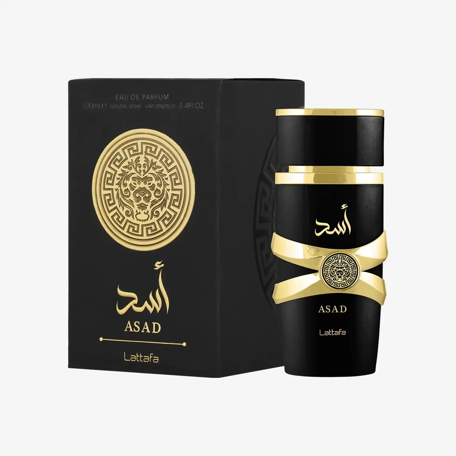 Lattafa Asad Eau de Parfum black and gold bottle with box, luxurious Middle Eastern fragrance
