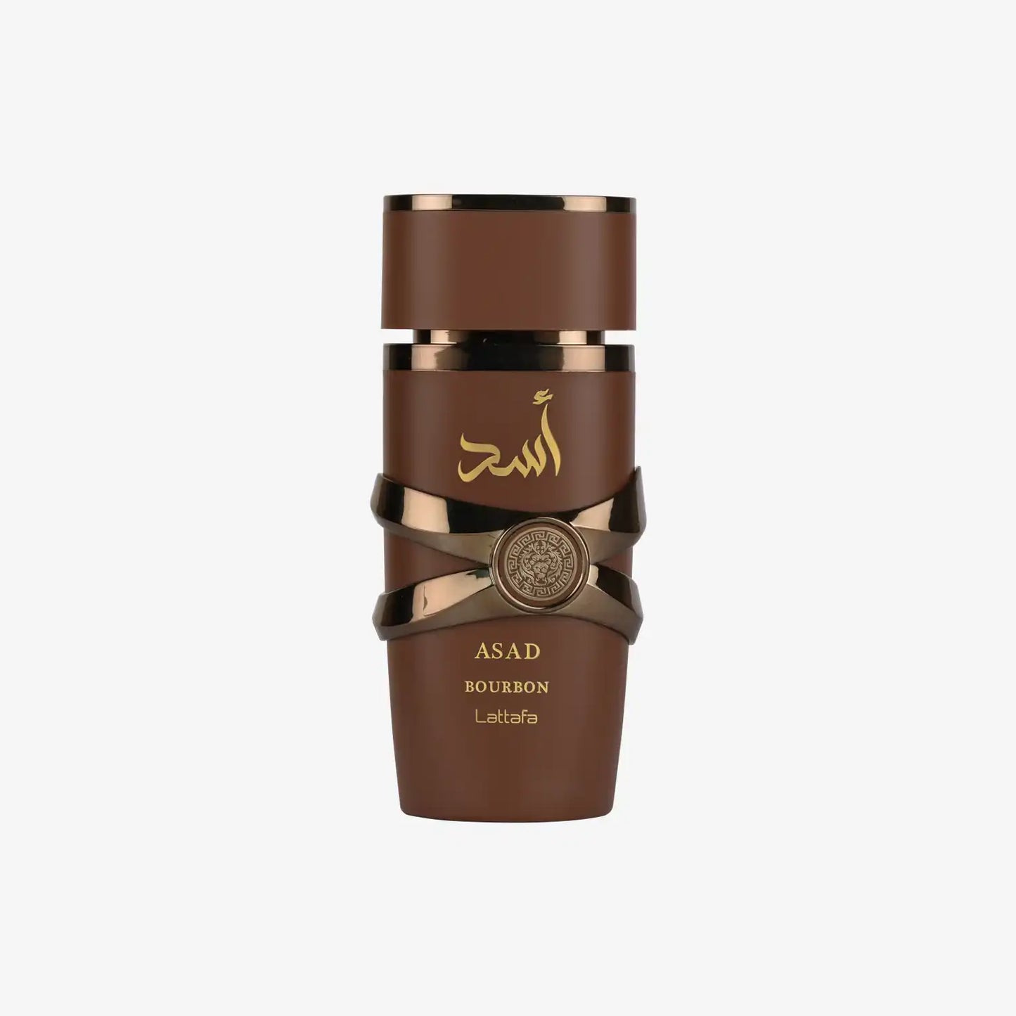 Brown Asad Bourbon Lattafa perfume bottle with gold Arabic script and decorative band