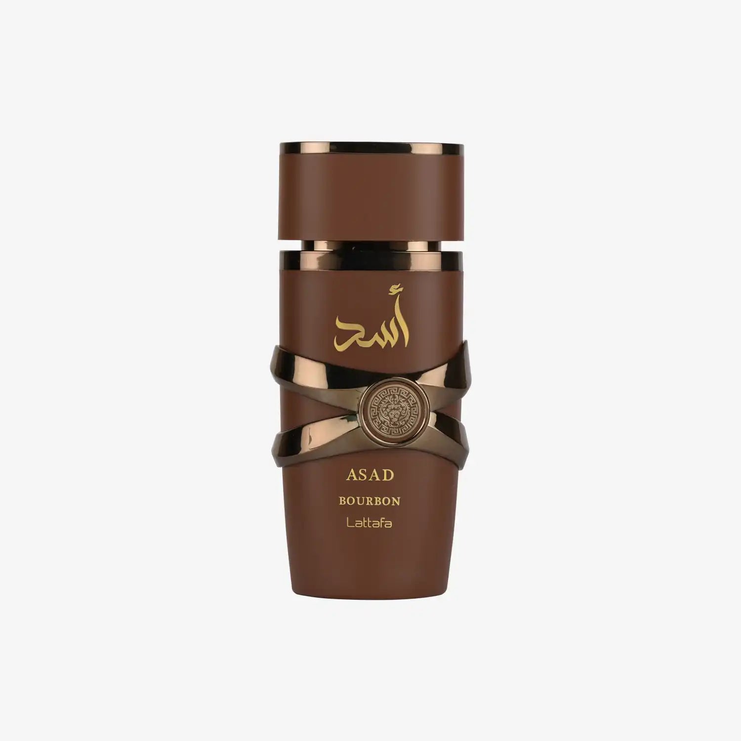 Brown Asad Bourbon Lattafa perfume bottle with gold Arabic script and decorative band