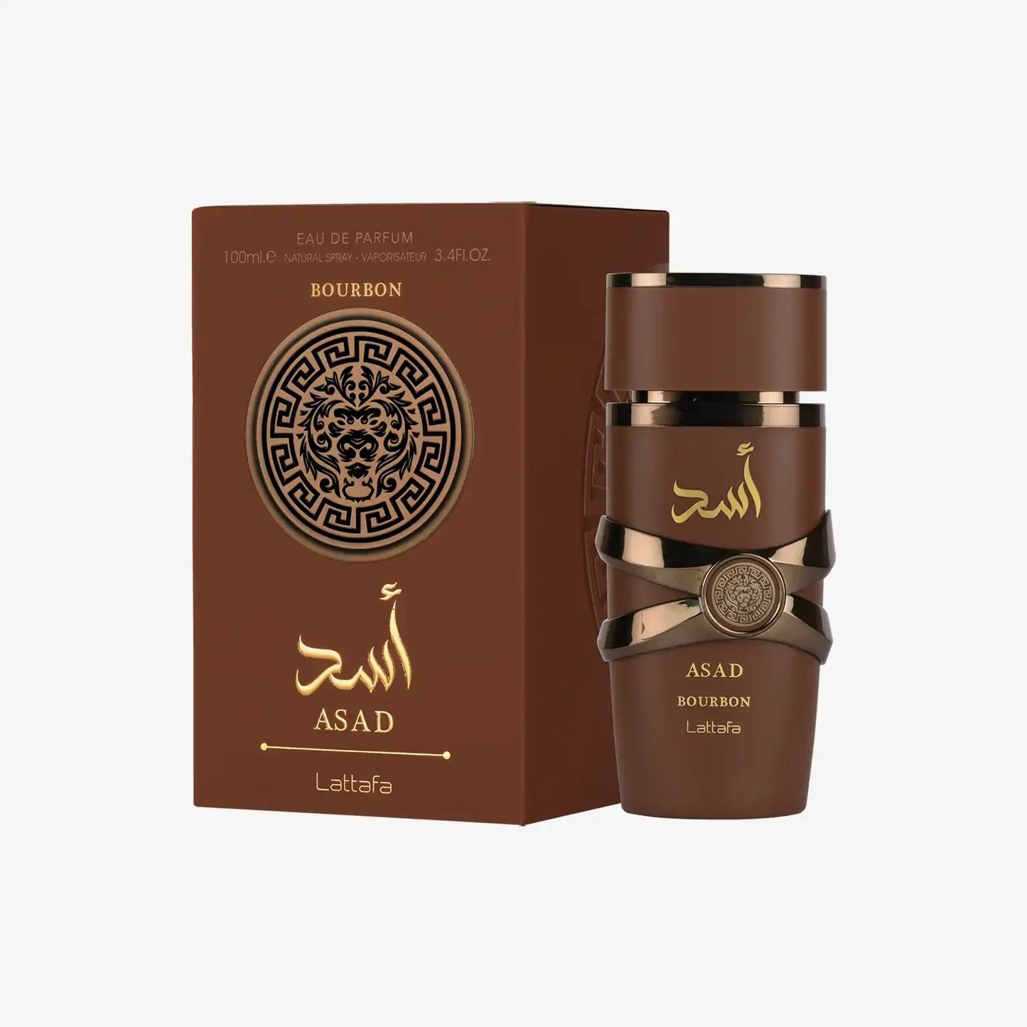 Lattafa Asad Bourbon perfume bottle and box, brown and gold, with Arabic script and lion emblem