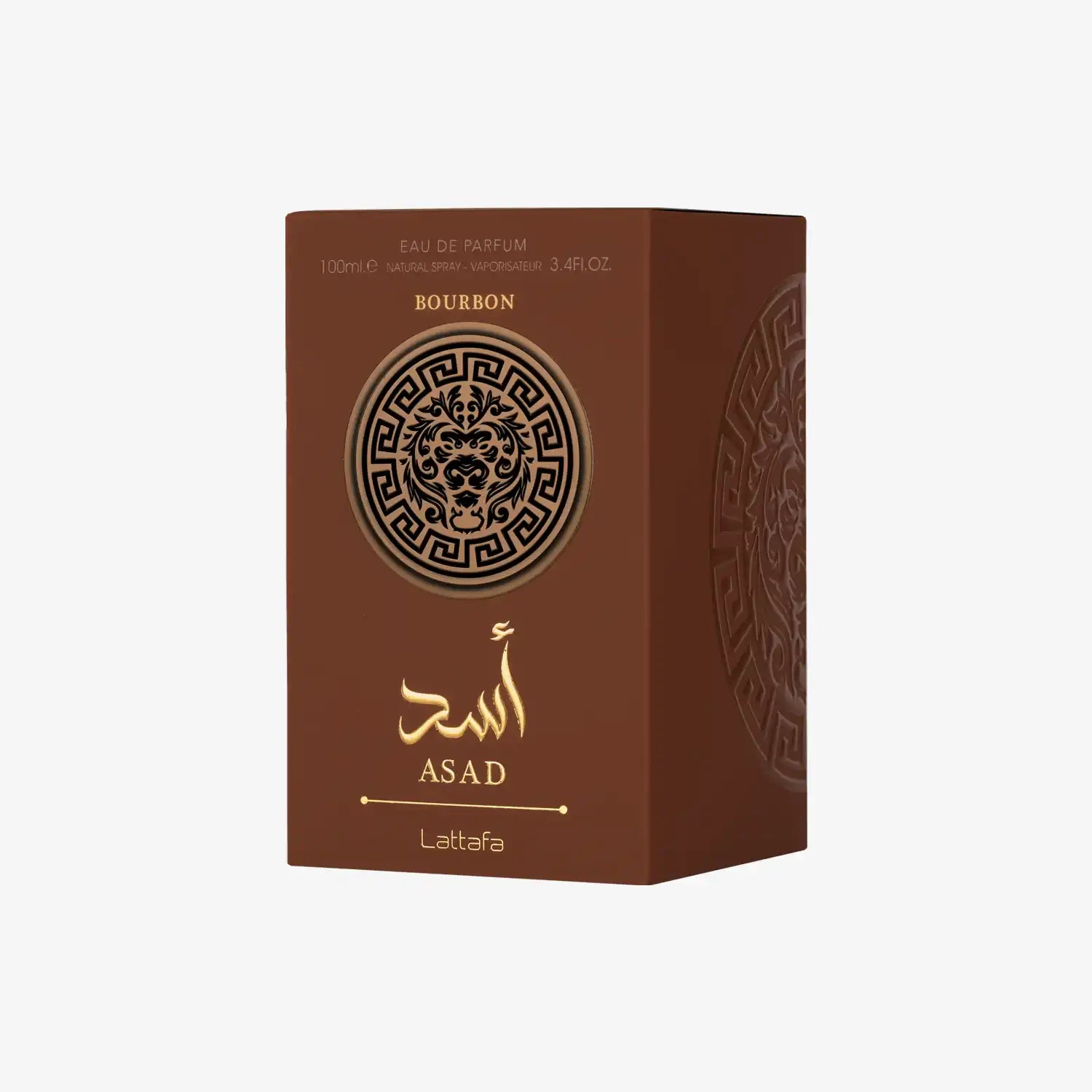 Lattafa Asad Bourbon perfume box, brown with gold lion emblem and Arabic script