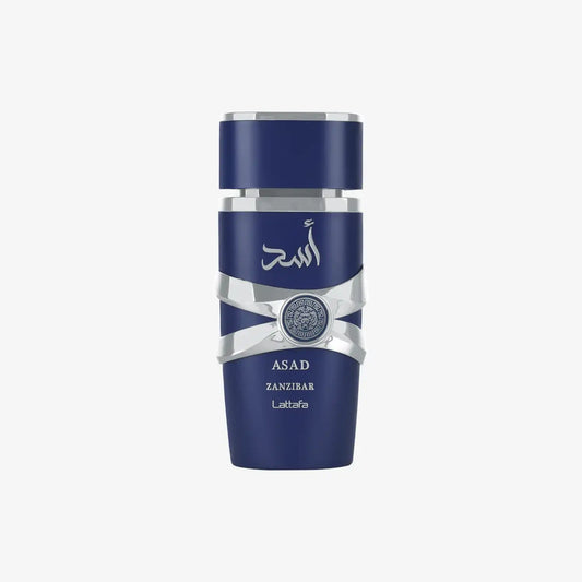 Lattafa Asad Zanzibar perfume bottle, navy blue with silver accents and Arabic script