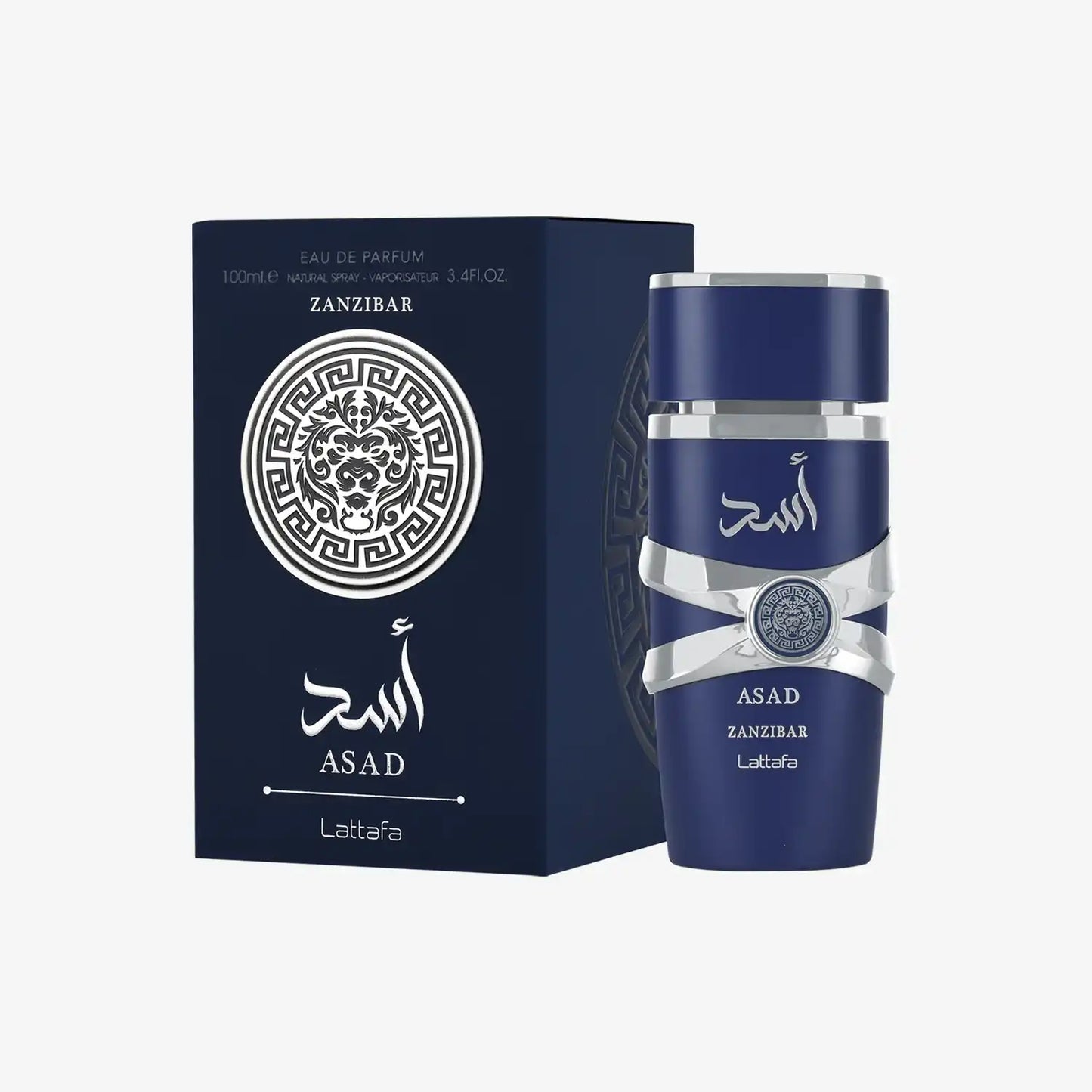 Lattafa Asad Zanzibar perfume bottle and box, dark blue with silver accents and intricate lion design.
