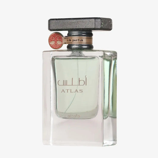 Clear glass bottle of Atlas eau de parfum by Lattafa with Arabic and English text