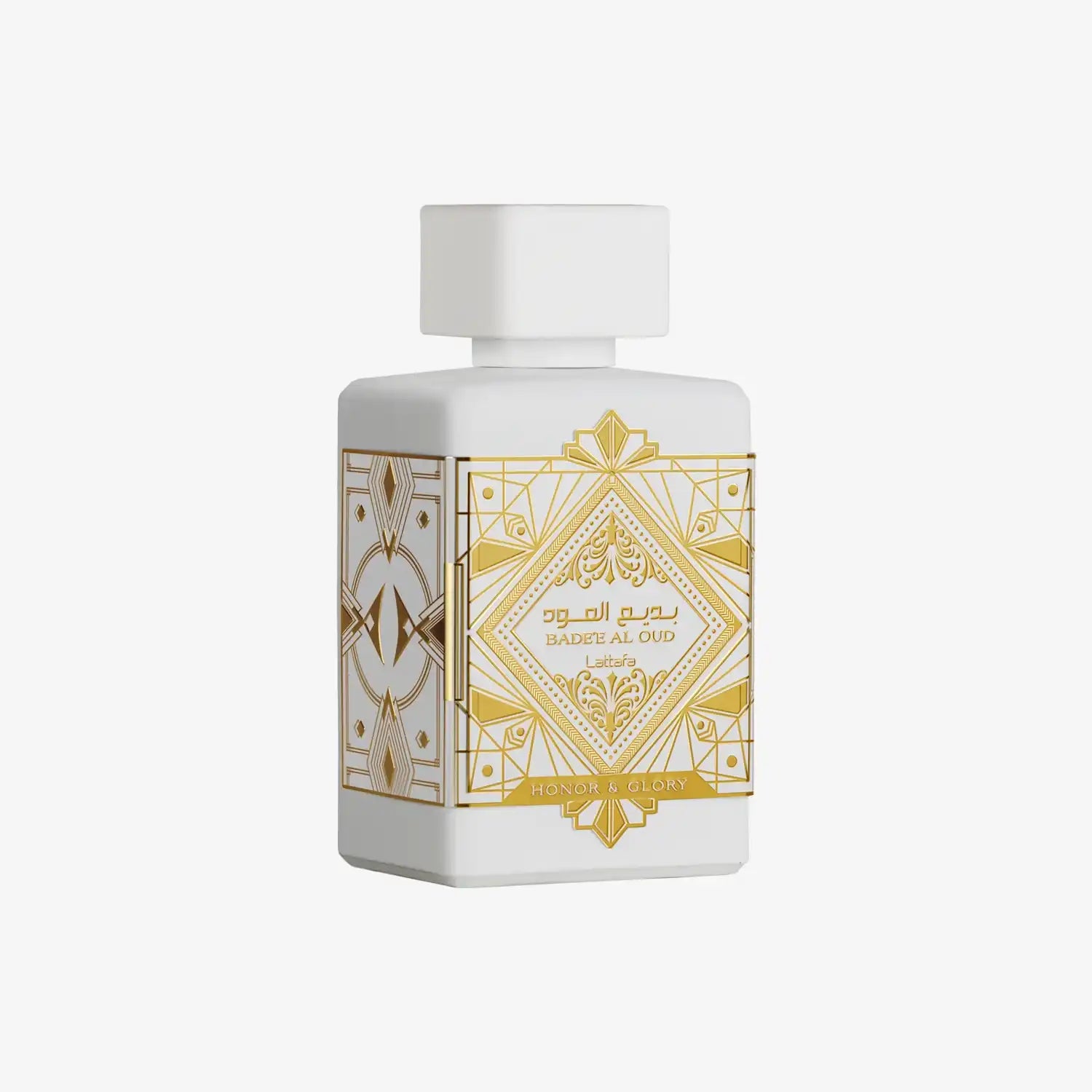 White and gold bottle of Badee Al Oud Honor & Glory perfume with Arabic geometric patterns