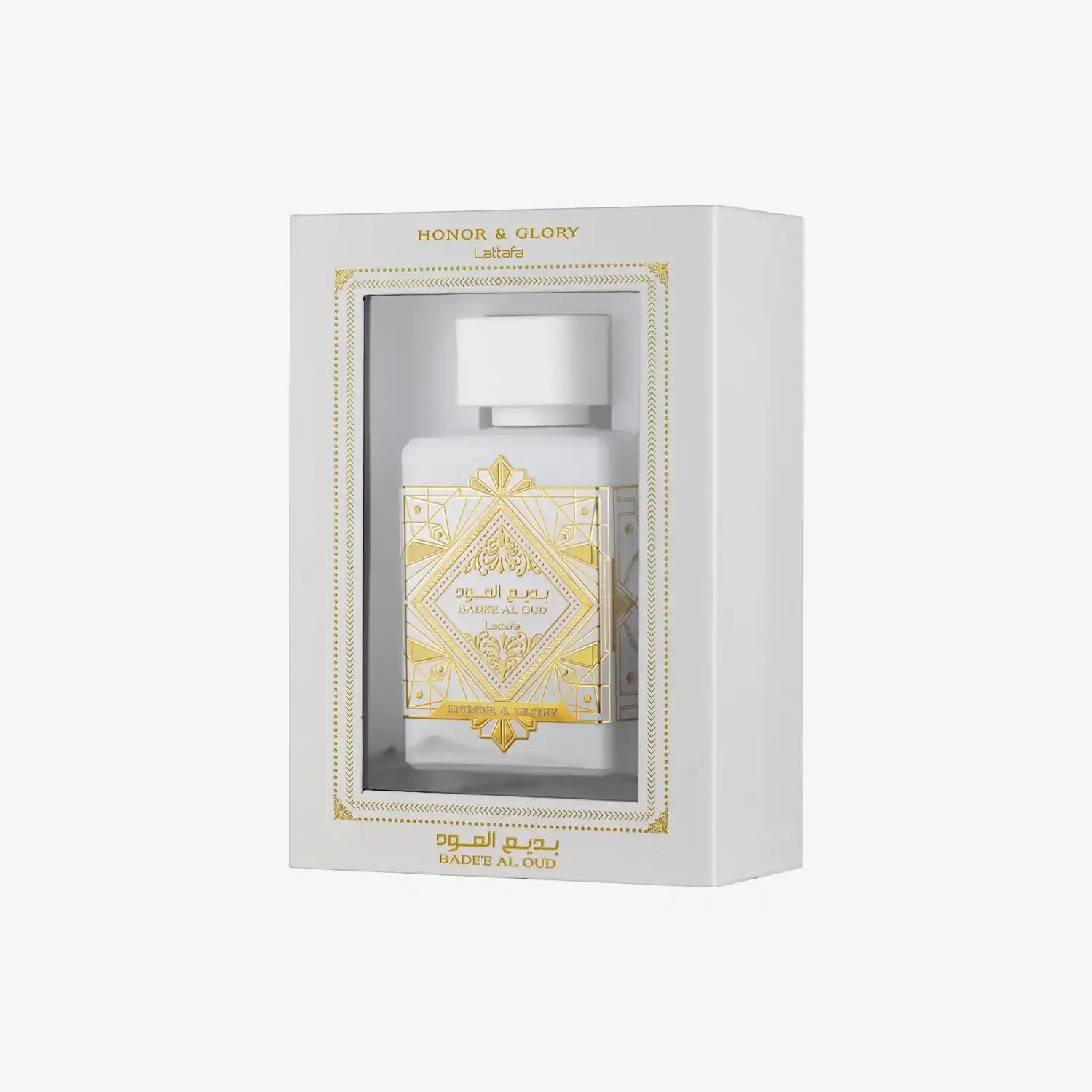 Badee Al Oud Honor & Glory perfume bottle in elegant white and gold box packaging