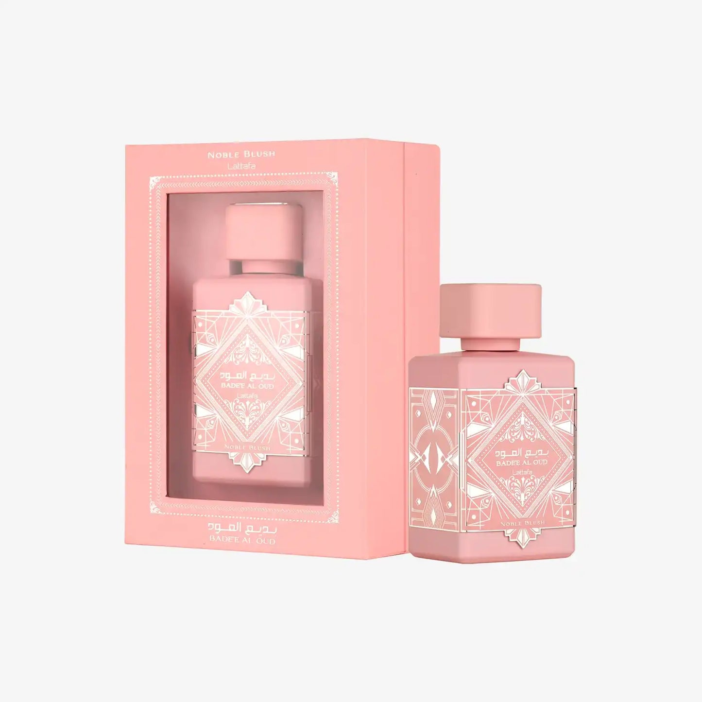 Pink Badee Al Oud Noble Blush perfume bottle and box with geometric design