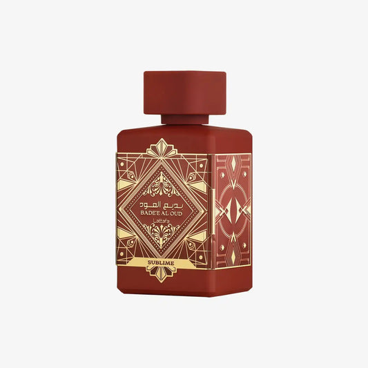 Badee Al Oud Sublime perfume bottle with gold geometric Middle Eastern design