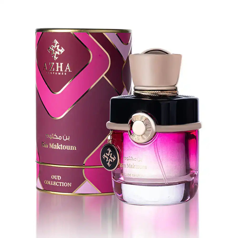Azha Bin Maktoum Oud Collection perfume bottle with matching pink and gold packaging