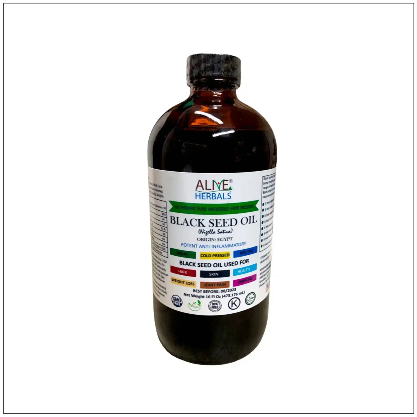 16 oz amber glass bottle of Alive Herbals Black Seed Oil with label highlighting cold pressed, anti-inflammatory properties