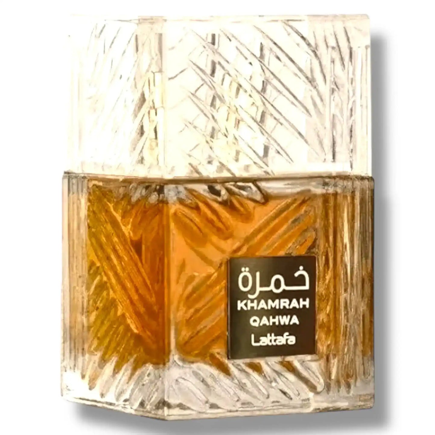 Lattafa Khamrah Qahwa perfume bottle with amber liquid and textured glass design