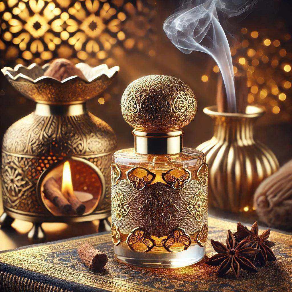 Luxurious Arabic perfume bottle with ornate golden cap beside bakhour burner, oud wood, and smoke.