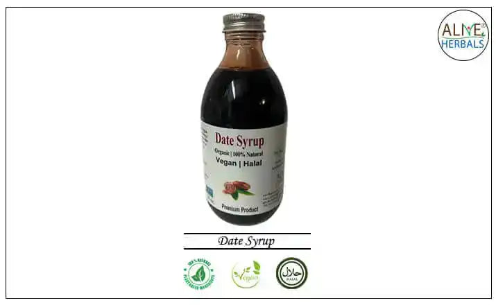 Organic date syrup bottle labeled vegan and halal by Alive Herbals with certification icons