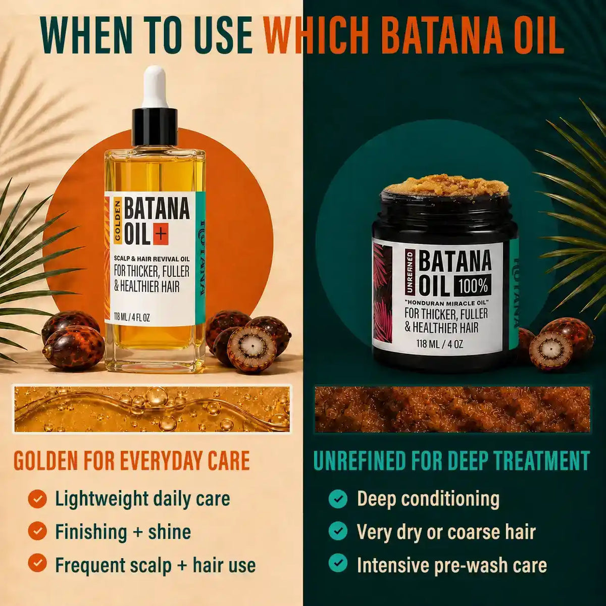Comparison of Hotana Golden and Unrefined Batana Oil for hair care and deep treatment.