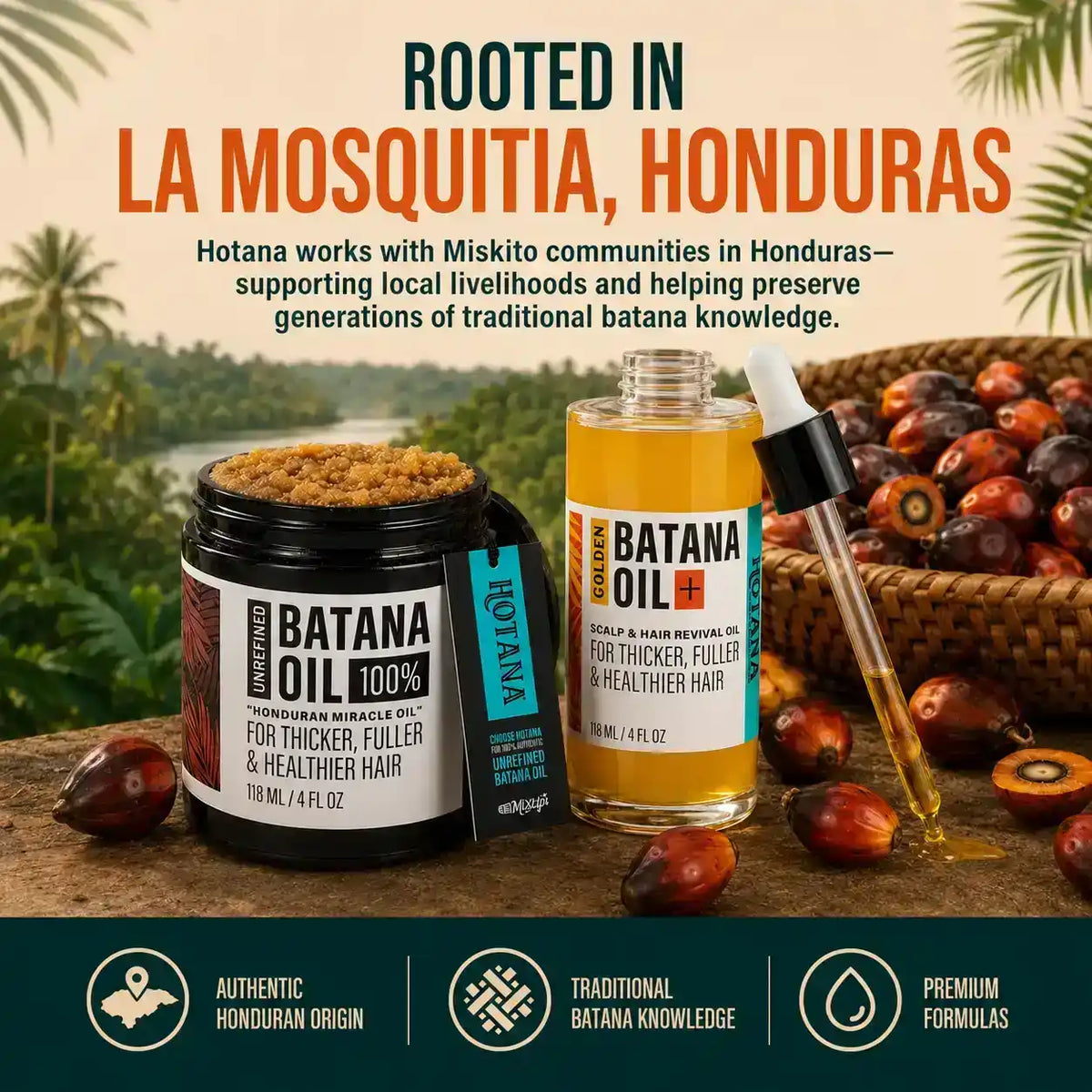 Hotana Unrefined and Golden Batana Oil duo for hair growth from Honduras.