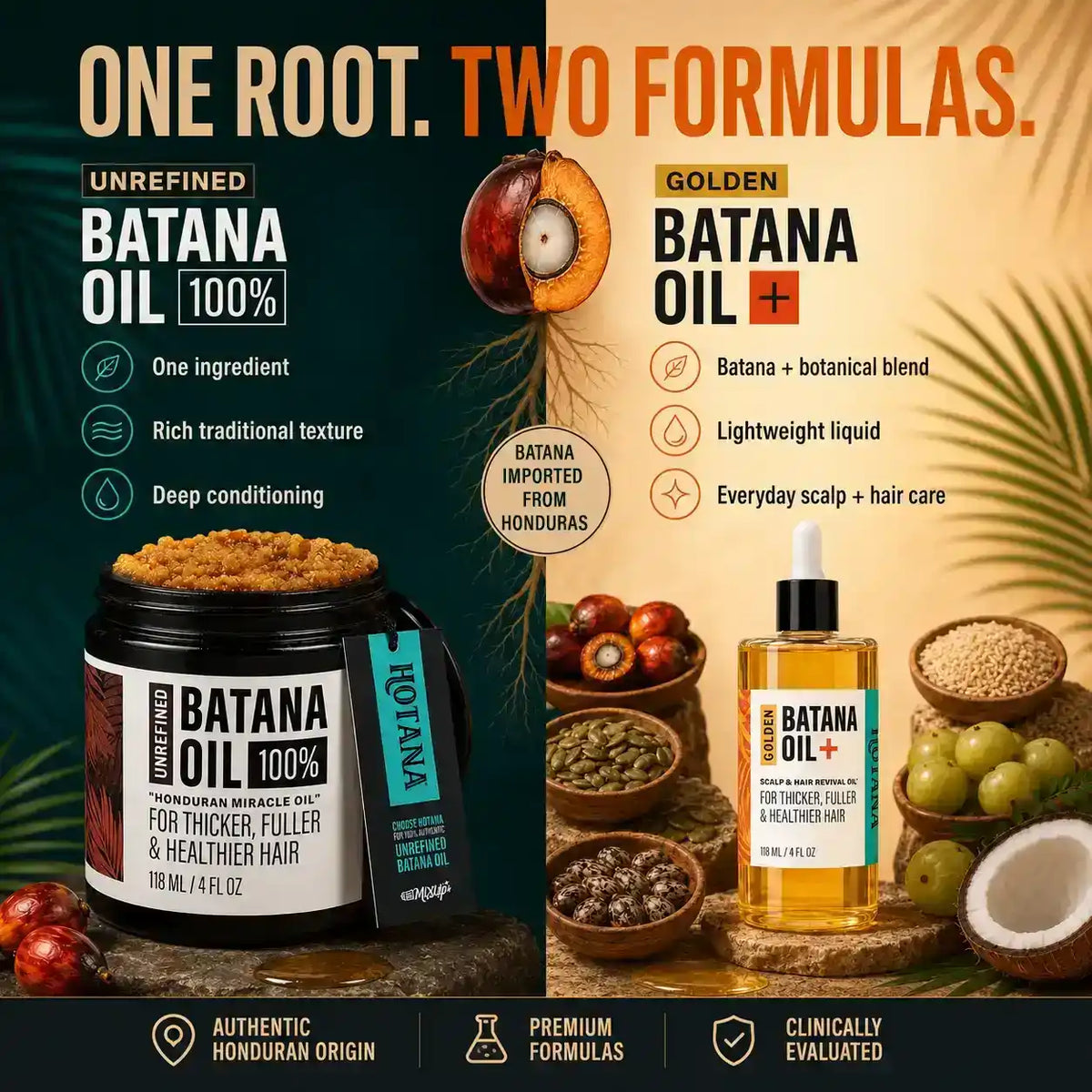 Hotana Unrefined and Golden Batana Oil duo for thicker, fuller, and healthier hair.