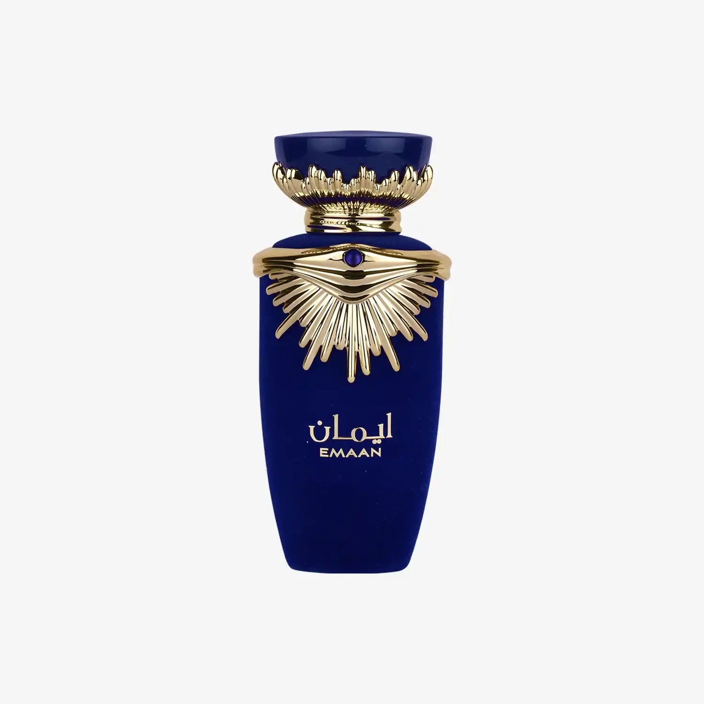 Luxurious blue and gold Middle Eastern perfume bottle labeled EMAAN with ornate design