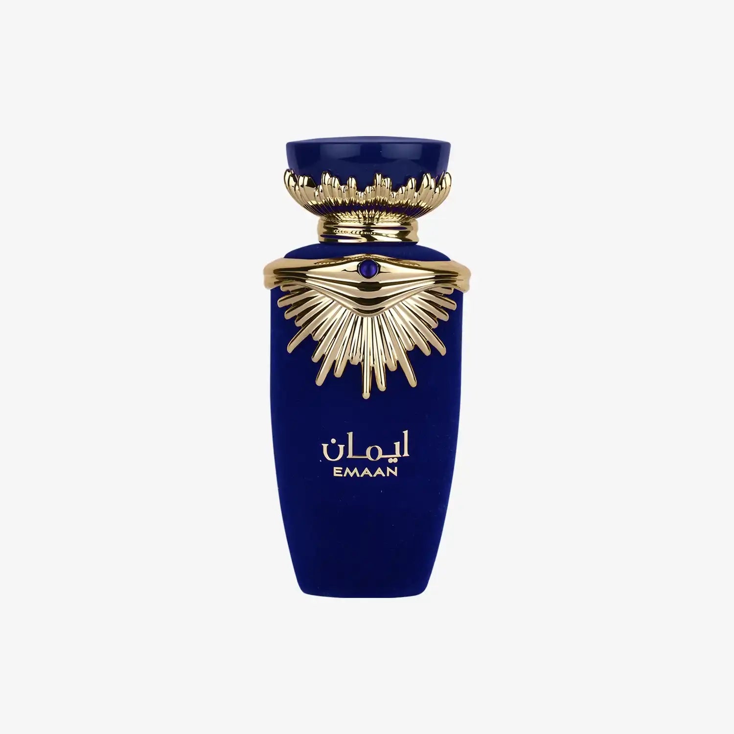 Luxurious blue and gold Middle Eastern perfume bottle labeled EMAAN with ornate design