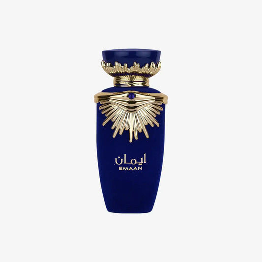 Luxurious blue and gold Middle Eastern perfume bottle labeled EMAAN with ornate design