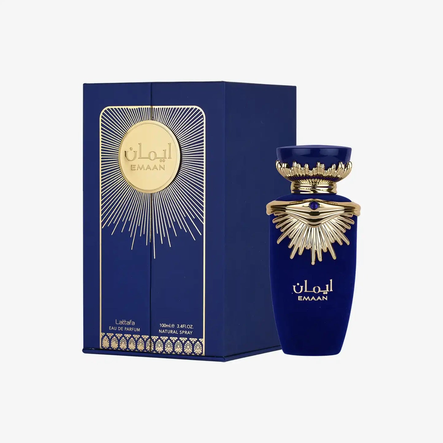 Emaan perfume bottle and box in royal blue with gold accents and sunburst design.