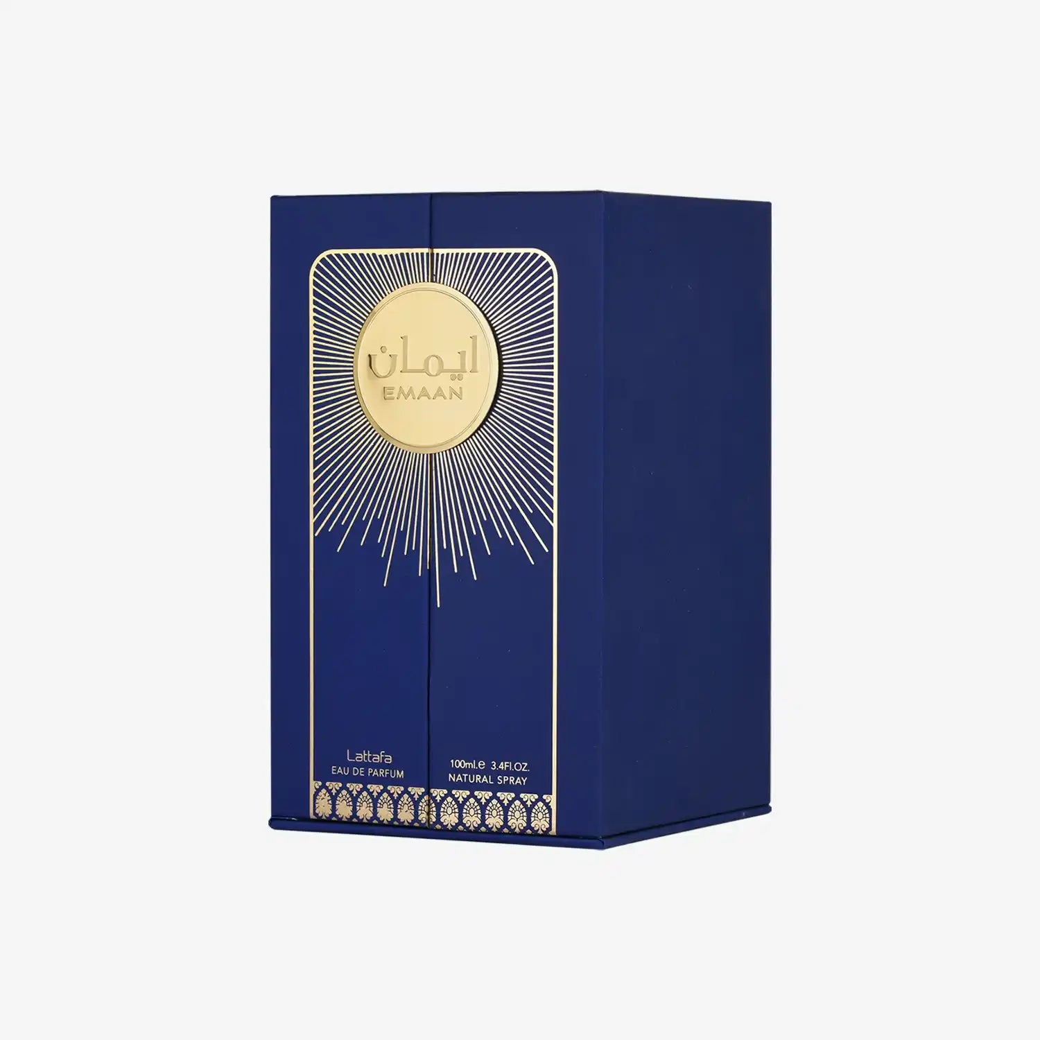 Blue and gold Emaan Eau de Parfum box with Middle Eastern design accents