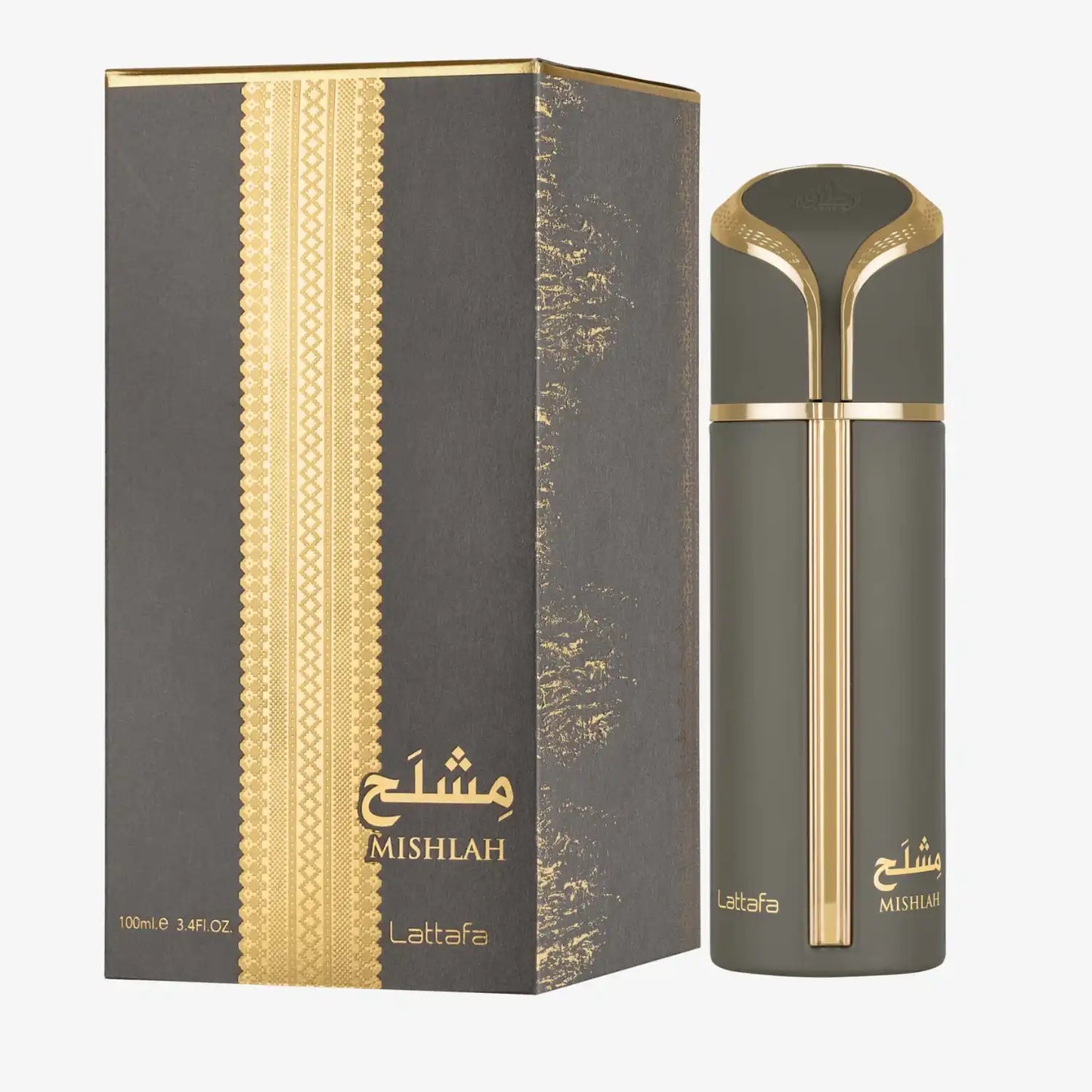 Lattafa Mishlah perfume bottle and box with gold accents and Arabic text, 100ml fragrance