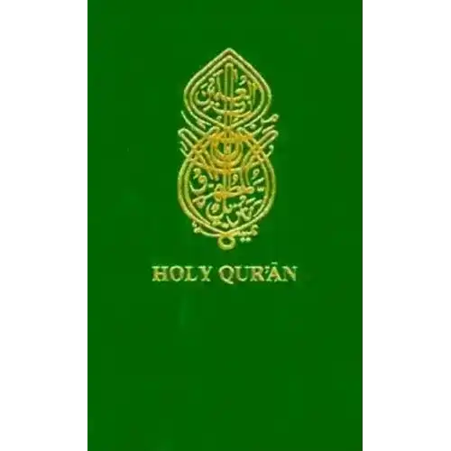 Green Holy Qur'an with gold Arabic calligraphy and ornate design, Middle Eastern cultural product