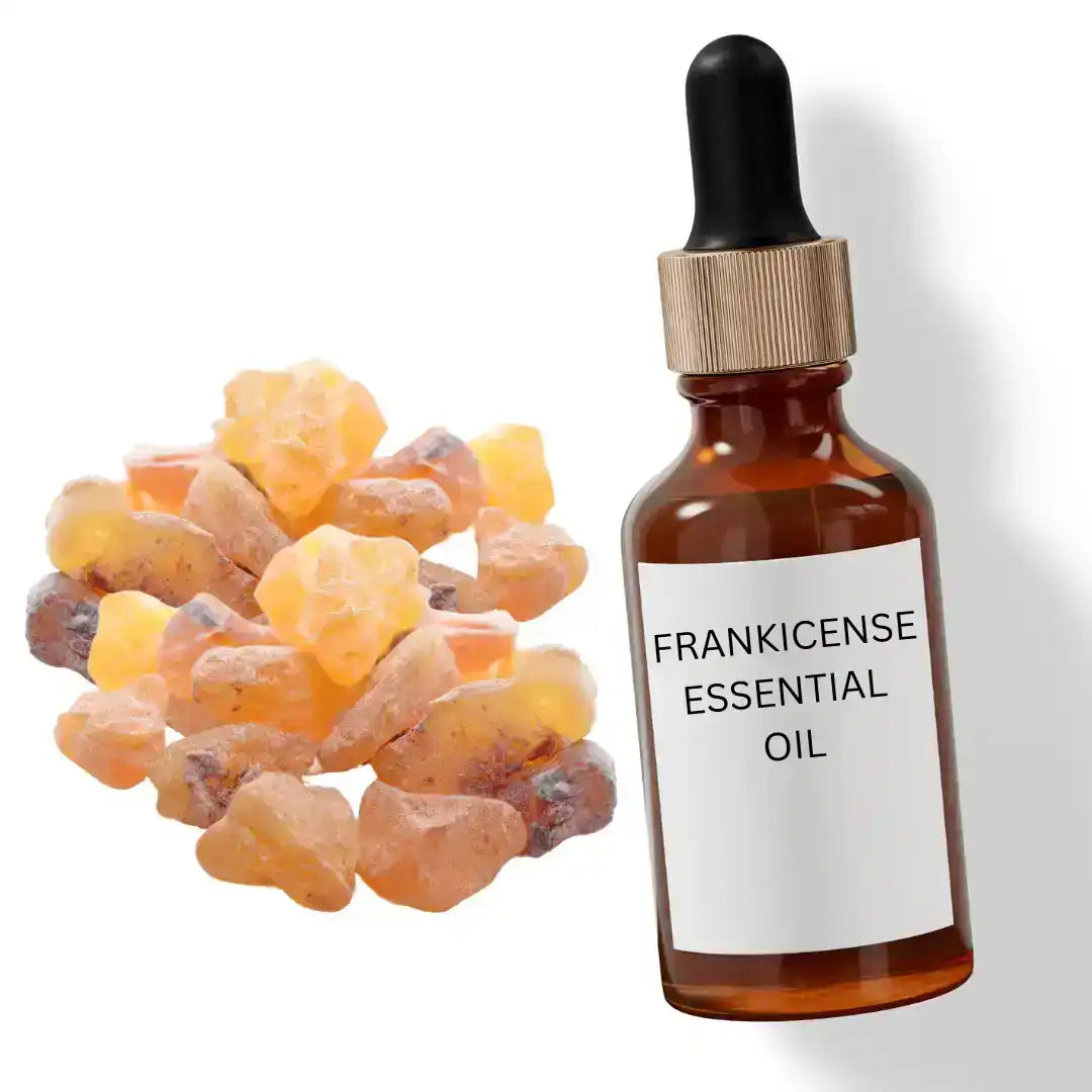 Frankincense essential oil bottle with frankincense resin pieces on white background
