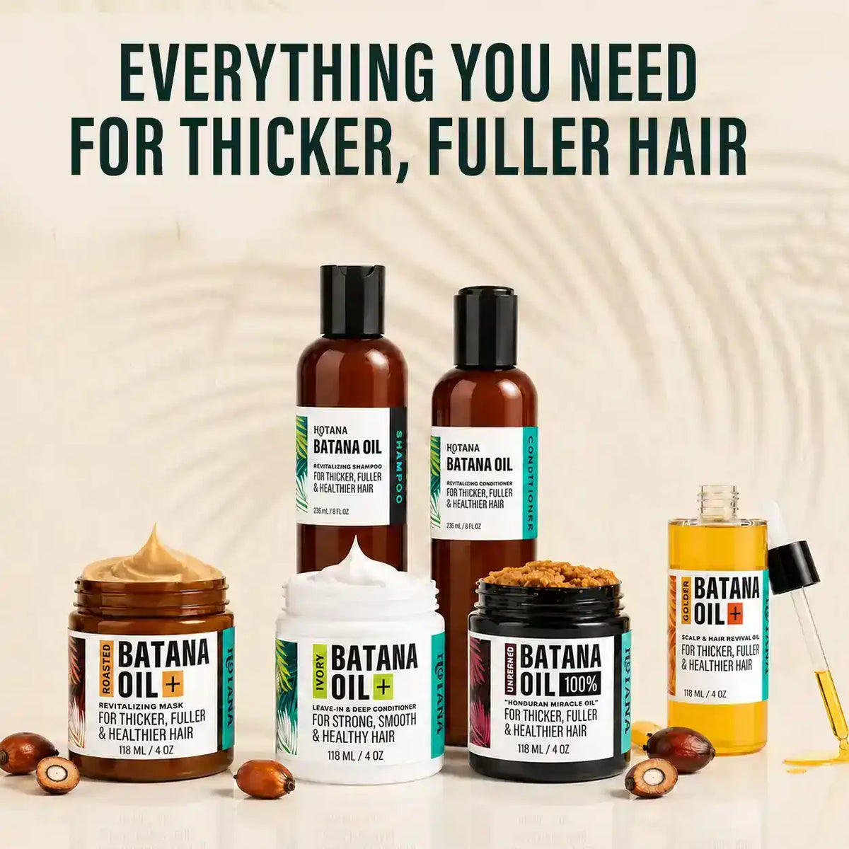 Hotana Batana Oil hair care set including shampoo, conditioner, mask, and revival oil.