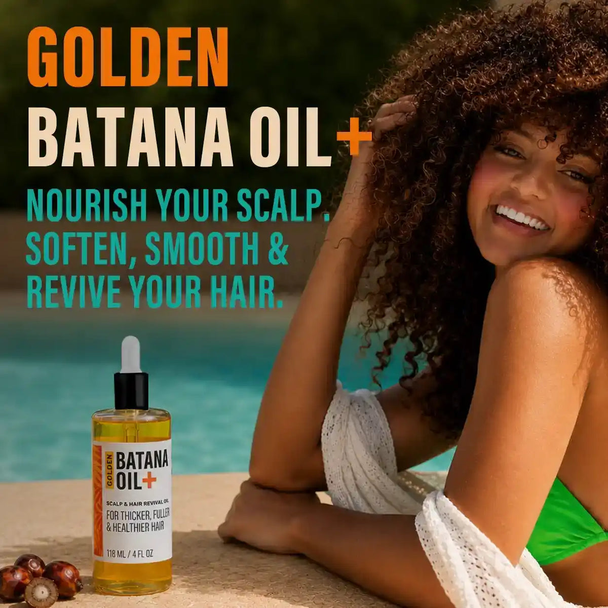 Hotana Golden Batana Oil for scalp and hair revival next to a smiling woman with curly hair.