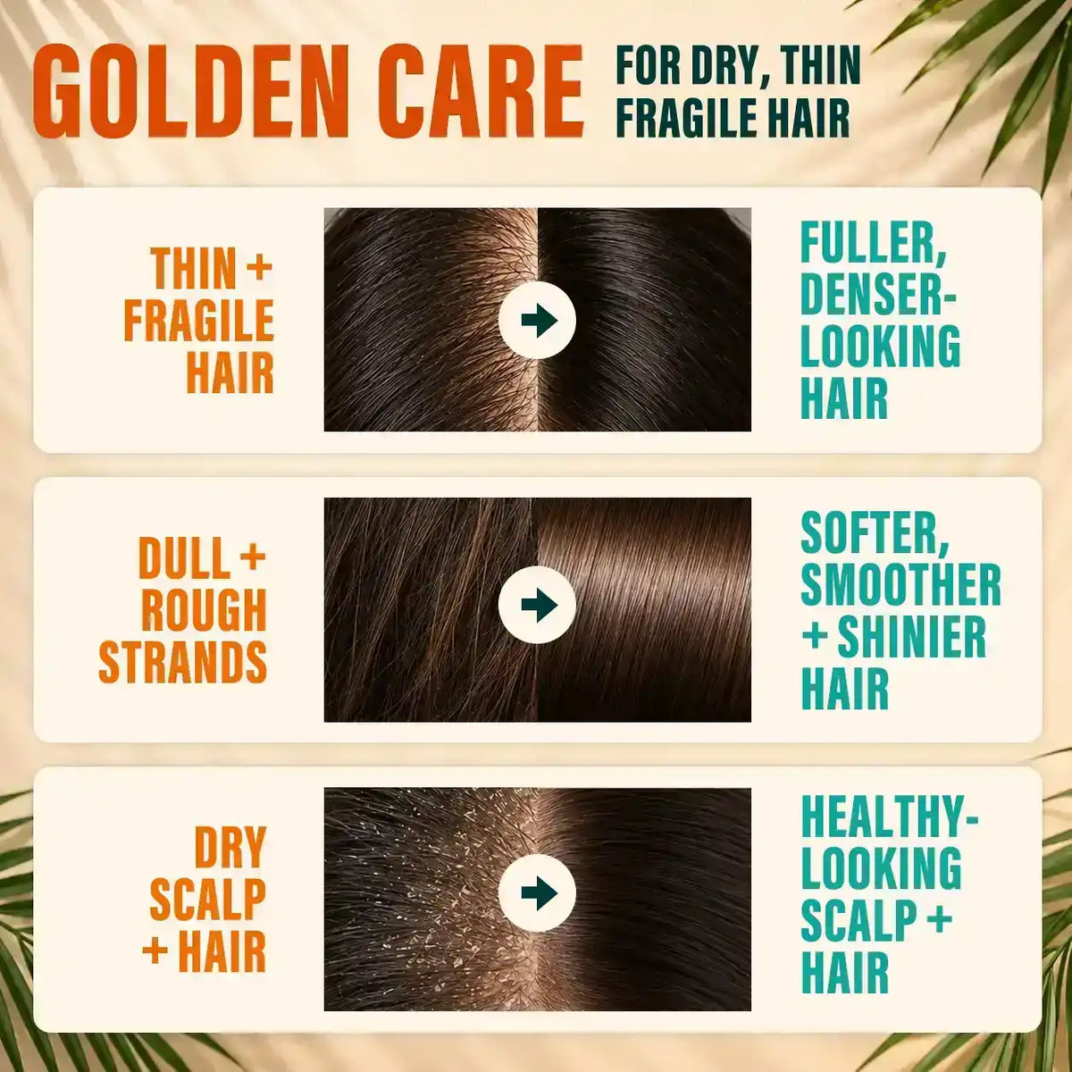 Before and after comparisons of Golden Care oil on thin, dull, and dry hair and scalp.