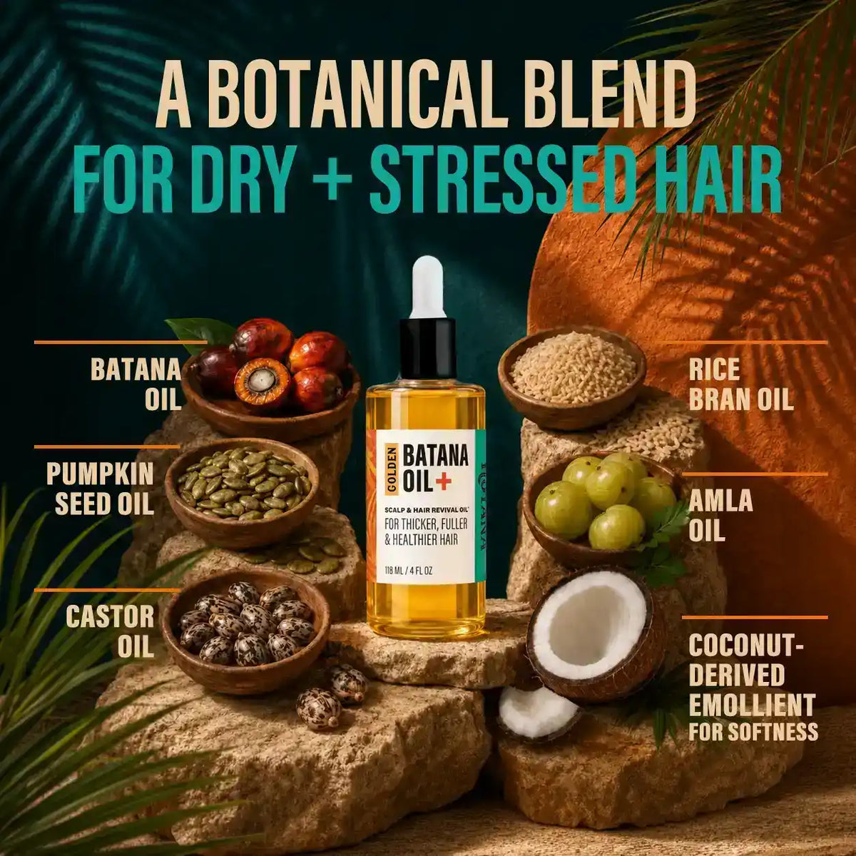 Hotana Golden Batana Oil for hair and scalp surrounded by its natural botanical ingredients.