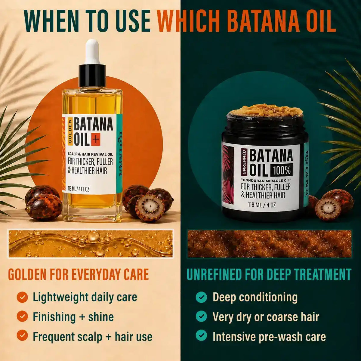 Comparison of Hotana Golden Batana Oil for daily care and Unrefined Batana Oil for deep treatment.