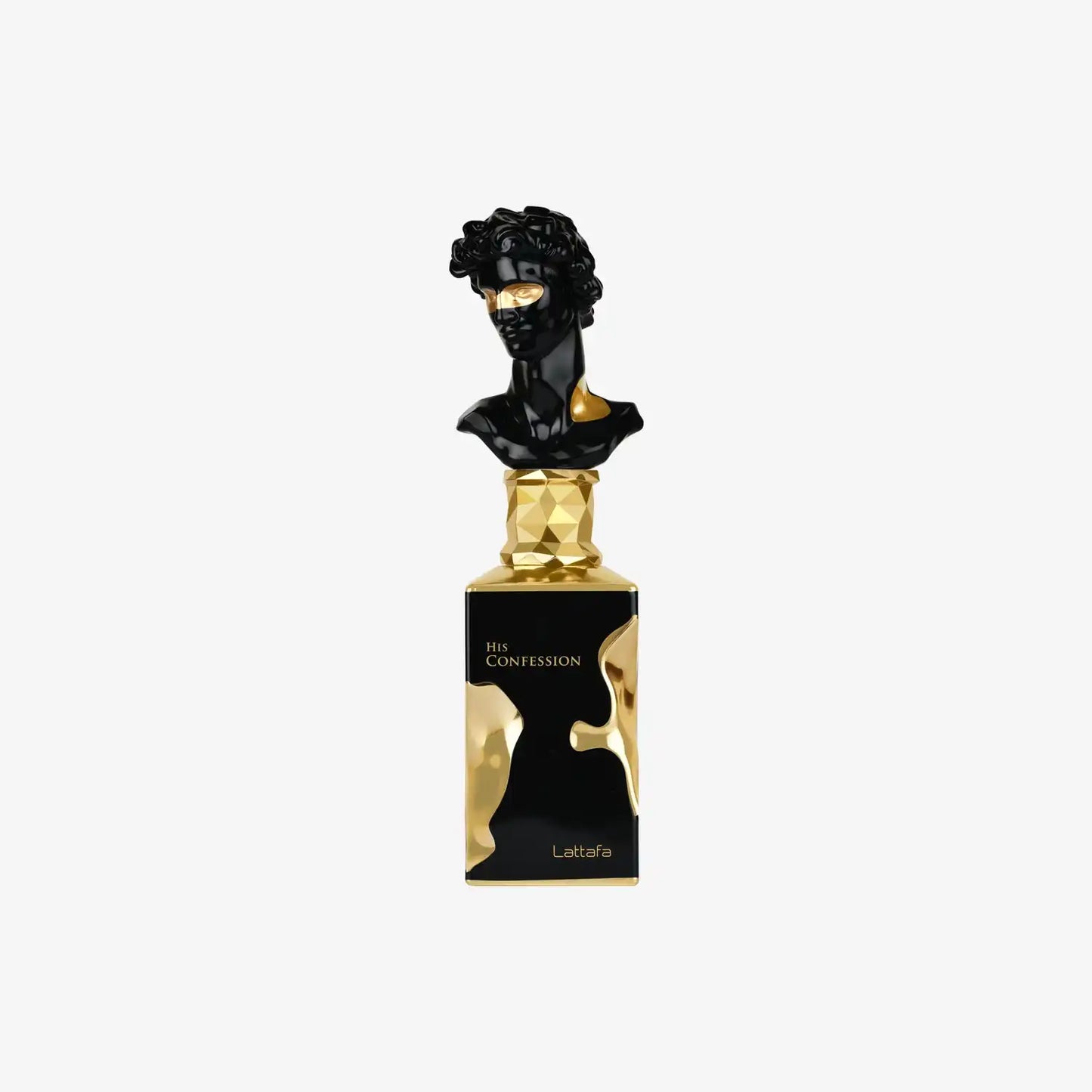 His Confession perfume bottle with black and gold sculpted bust cap, Lattafa label